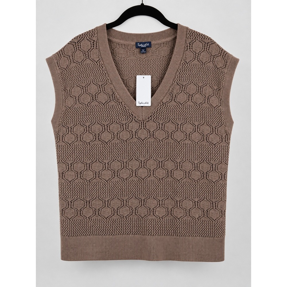 Splendid Taupe Brown Cotton Pointelle V-Neck Sweater Vest Size M Eclectic
